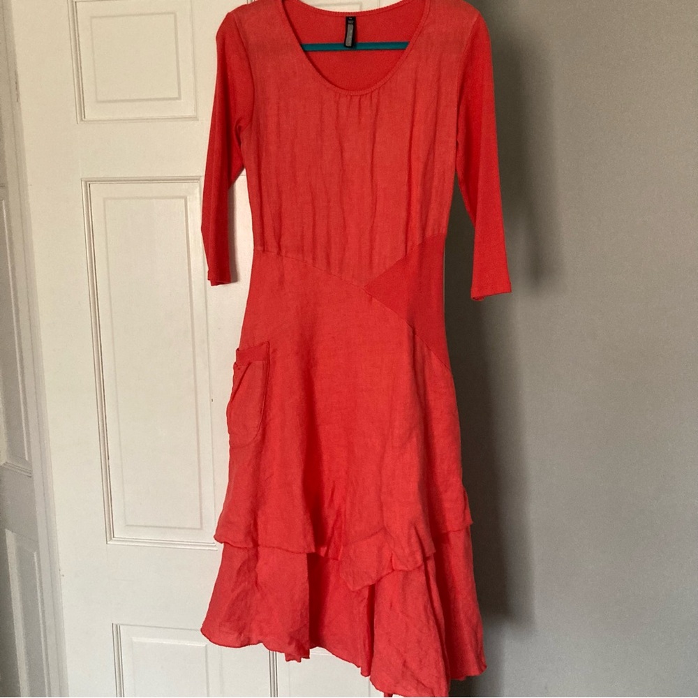 Oizini Italy Lagenlook artsy asymmetrical dress coral pink linen stretch size M